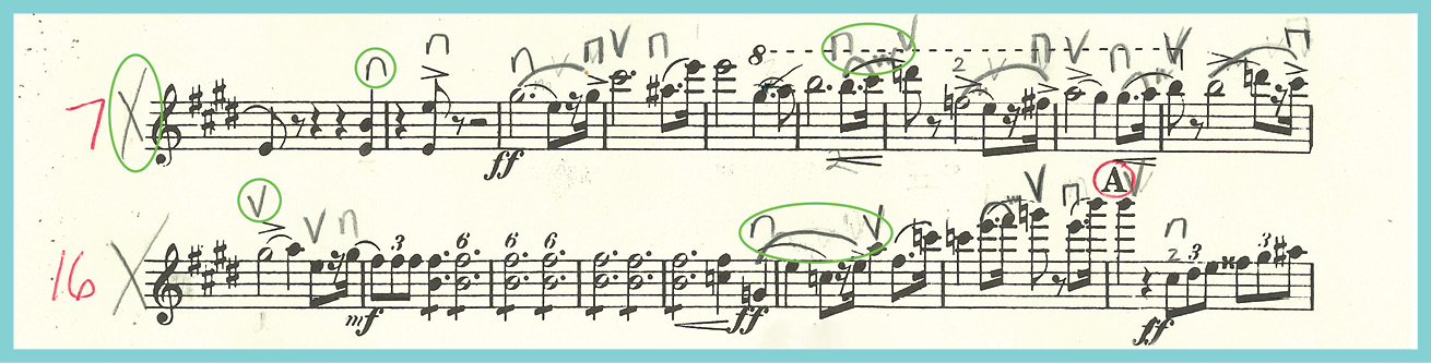 Bowings marked by Stefani Matsuo. The green circled X in the margin is Matsuo’s cue to the orchestra librarians of a change on that staff. The upside-down “u” is an indication of a down bow and the “v” is the indication for an up bow. Other items in green circles show changes to slurs.