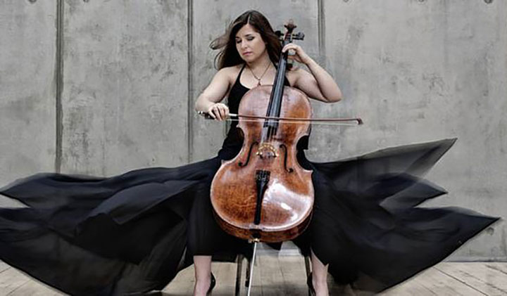 Cellist Alisa Weilerstein performing in a black dress