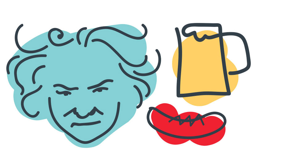 Fun drawings of Beethoven's head with beer and brats