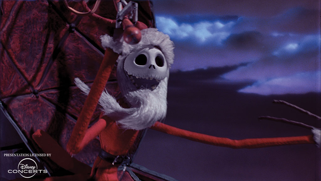 Jack Skellington from The Nightmare Before Christmas riding on a sleigh