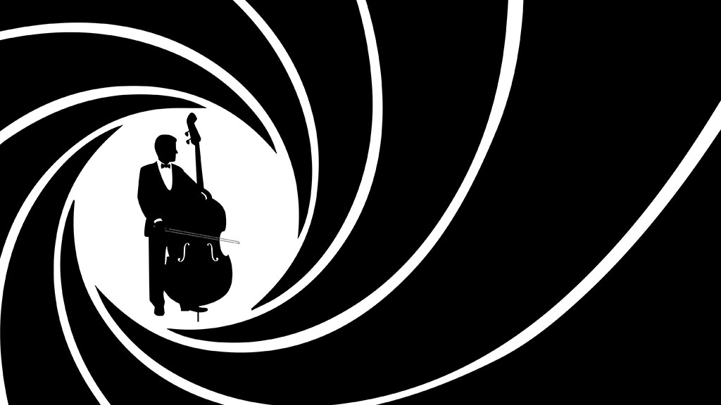 A musician's silhouette sighted in the barrel of a gun similar to James Bond films